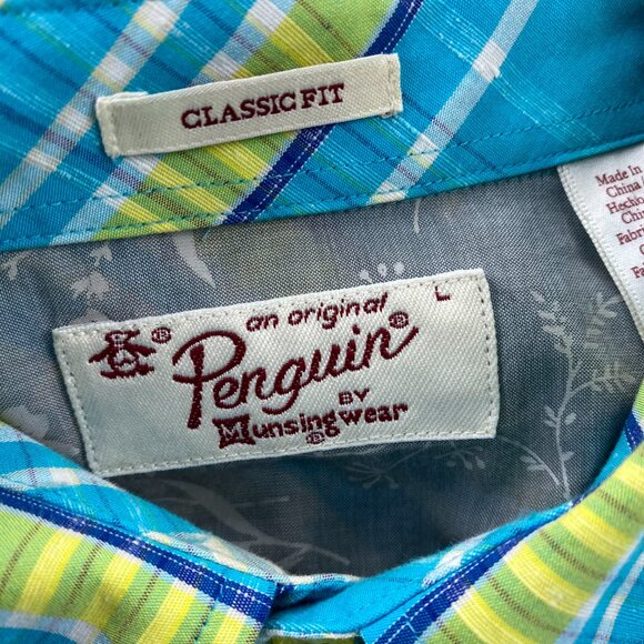 Penguin Shirt Men Large L Teal Yellow Blue Plaid Button Up Casual Polo Classic - Picture 5 of 10